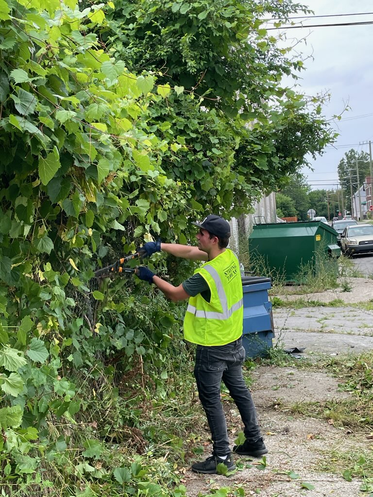 Man in Strong Towns hi-viz vest clearing vines off a fence.